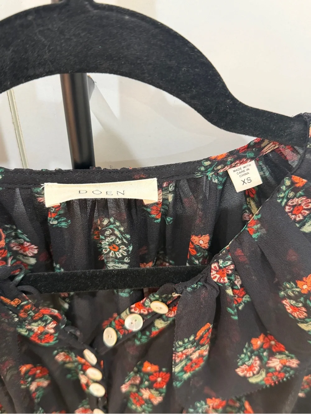 DOEN Sheer Black Floral Button-Front Blouse XS